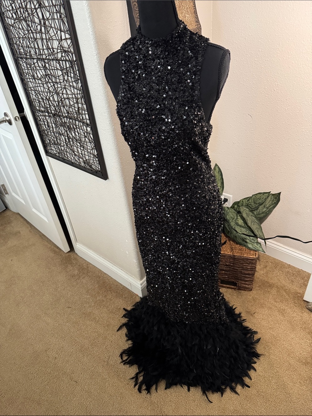 Black Sequin Maxi Dress with Feather Hemline